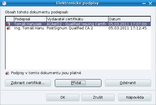 Seznam elektronických podpisů připojených k dokumentu