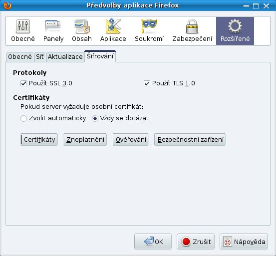 Otevření Správce certifikátů ve Firefoxu