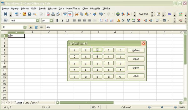 Vkladanie špeciálnych znakov v module Calc