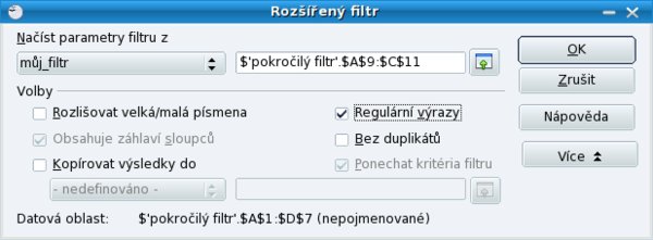 Dialog pro nastavení pokročilého filtru