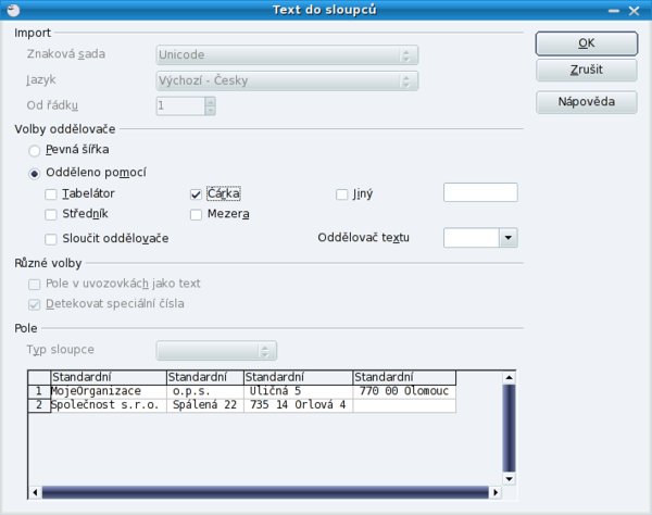 Dialog pro rozdělení textu do jednotlivých sloupců