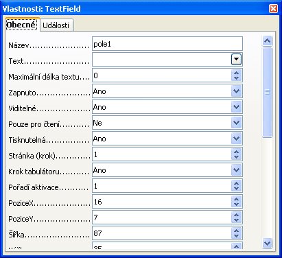 První záložka ve vlastnostech pole – Obecné