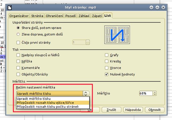 Jak v Calcu nastavit tisk tabulek na šířku