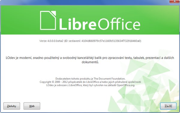 Okno O aplikaci nejnovější vývojové verze LibreOffice