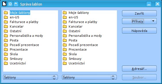 Správce šablon je základním místem pro správu šablon – import, export, úpravu stávajících atd.