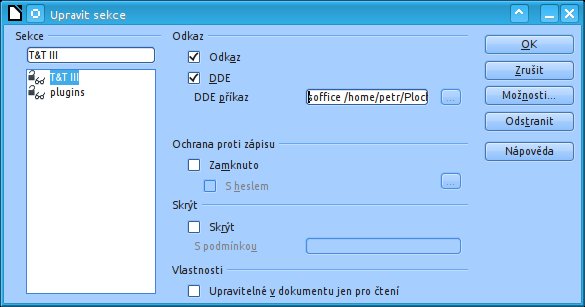 V okně Upravit sekce lze vidět syntaxi příkazu vloženého DDE objektu