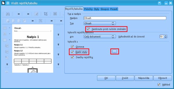 Úprava hlavních parametrů obsahu – záložka první