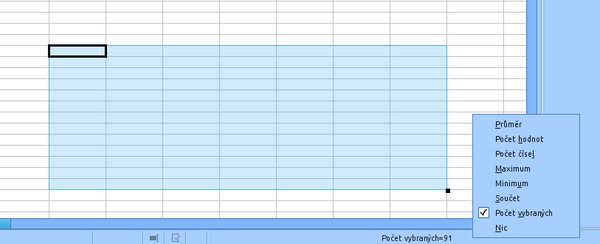 Rychlé určení počtu vybraných buněk v Calcu