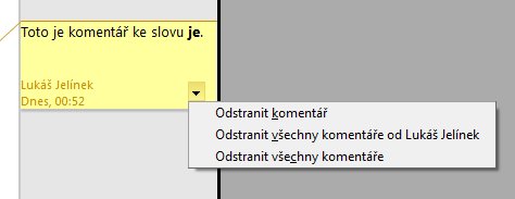 Nabídka s funkcemi pro mazání komentářů