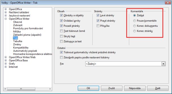Nastavení tisku komentářů