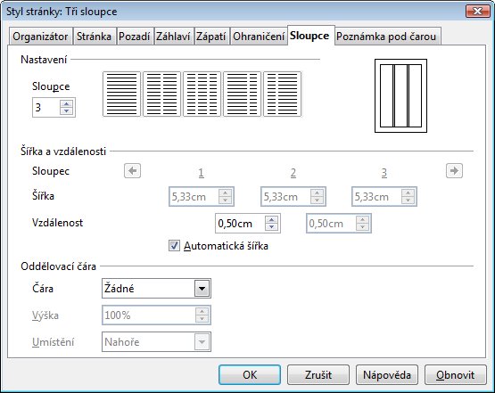 Dialog pro nastavení sloupců v Apache OpenOffice