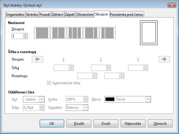 Dialog pro nastavení sloupců v LibreOffice