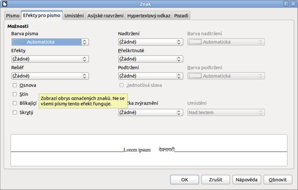 Dialog s efekty pro písmo v češtině s chybně přeloženým termínem „outline“﻿﻿