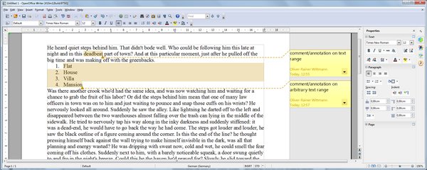 Komentáře lze přiřazovat k celým blokům textu (openoffice.org, ALv2)