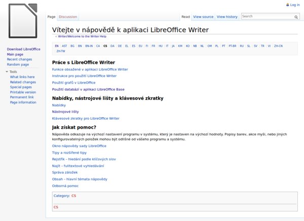 Online verze nápovědy, úvodní stránka pro Writer﻿