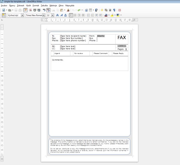 Jednoduchá faxová šablona