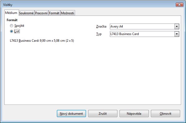 Nastavení typu papíru a vizitek