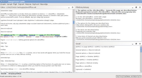 Překlad příručky v aplikaci OmegaT, v okně „Přibližné překlady“ se zobrazují návrhy strojového překladu