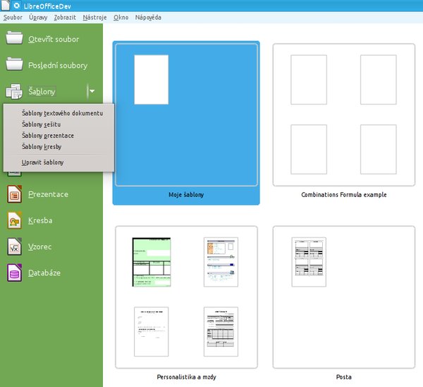 Otevřený správce šablon a výběr typu šablony ve startovacím centru