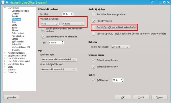 Kde lze měnit velikost ikon a ikonovou sadu a zapínat podporu pro OpenGL