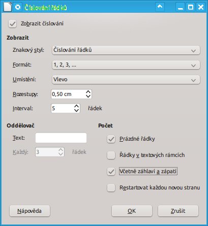 Číslování řádků v textu a záhlaví/zápatí v jednom dialogu