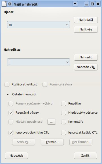 Nastavení okna Najít a nahradit pro odstranění ručních zalomení řádků