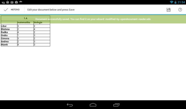 Zpráva zobrazená po uložení upraveného tabulkového dokumentu