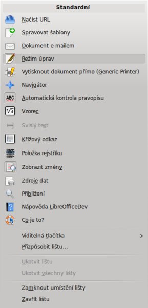 Kontextová nabídka pro nástrojovou lištu