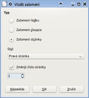 Zalomení stránky prostřednictvím okna Vložit zalomení