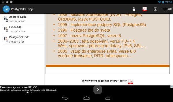 Zobrazení prezentace; dole je informace o otevření v prohlížeči PDF