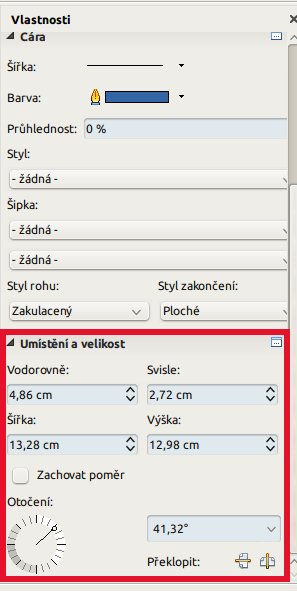 Měnit polohu, velikost a otočení objektu lze prostřednictvím postranního panelu