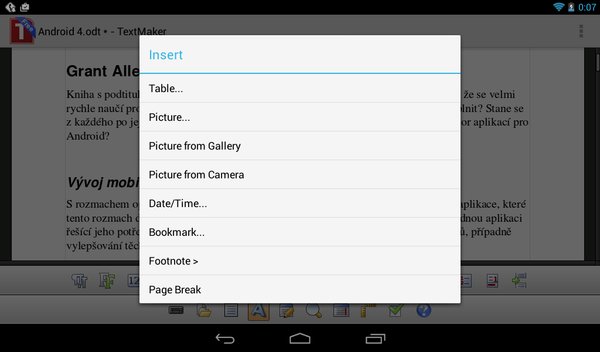 Nabídka pro vložení obsahu do dokumentu