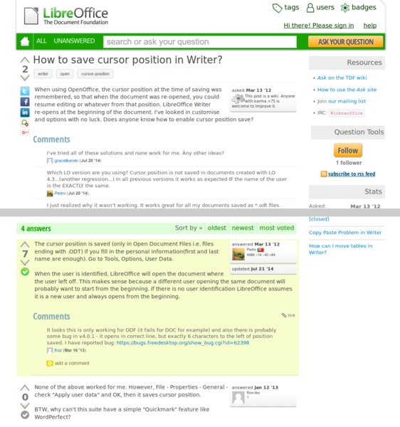 Dotaz na ukládání pozice kurzoru na ask.libreoffice.org, stejný se objevil ve zdejším fóru