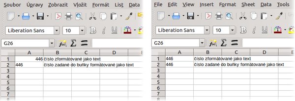 Zarovnání čísel formátovaný jako text v Calcu 5.1 (vlevo) a 5.2 (vpravo)