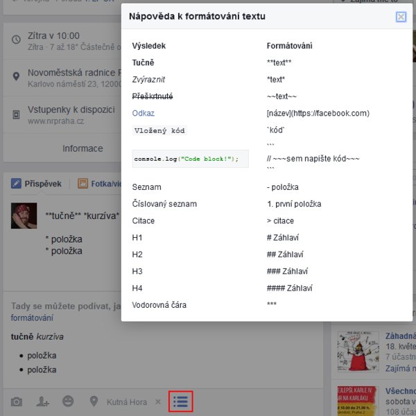 Markdown na Facebooku (nápověda ukazuje podporované značky)