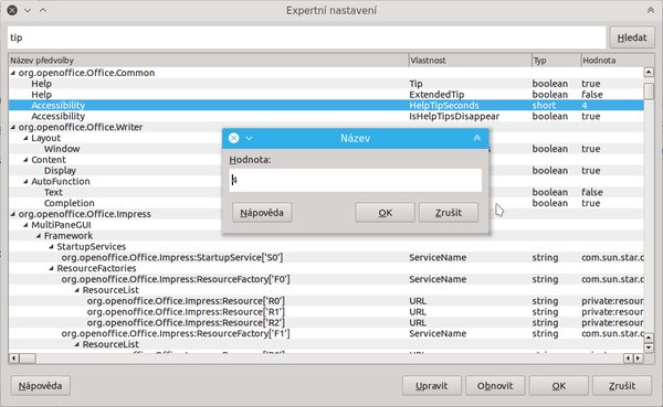 Určení doby, za kterou zmizí tipy nápovědy, v expertním nastavení (do LO 5.1 se tato volba nacházela v Nástroje › Možnosti › LibreOffice › Zpřístupnění)