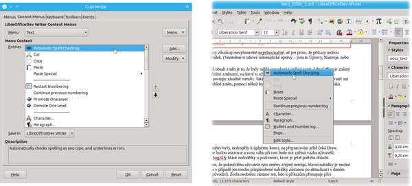 Dialogové okno s přizpůsobováním místní nabídky a nabídka Writeru s doplněným přepínáním automatické kontroly pravopisu