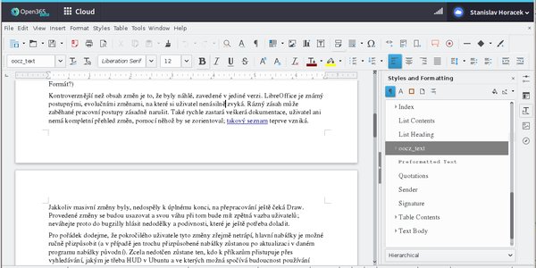 LibreOffice Writer z Open365 ve webovém prohlížeči