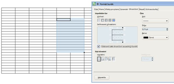 Odstranění ohraničení buněk pouze vybraných buněk nalevo, vpravo se zapnutou volbou Odstranit také ohraničení sousedních buněk (Kompilainenn, CC BY-SA 3.0 / LGPL 3+, MPL 1.1)