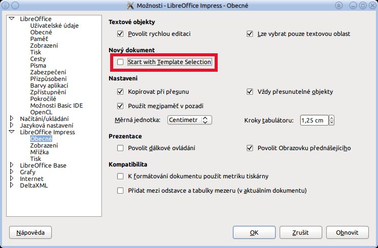 Povolení a vypnutí zobrazení správce šablon při startu Impressu﻿