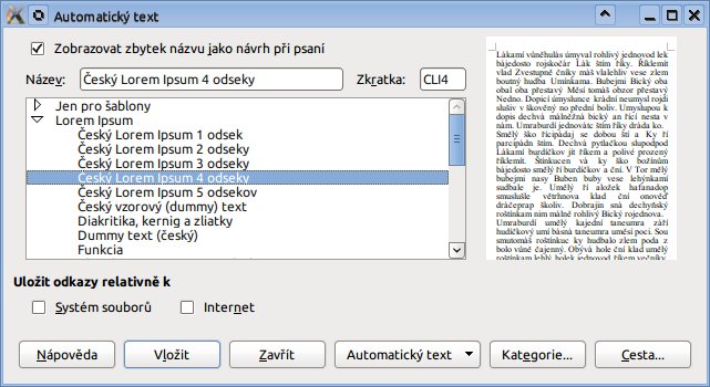 Okno pro správu automatického textu – Automatický text