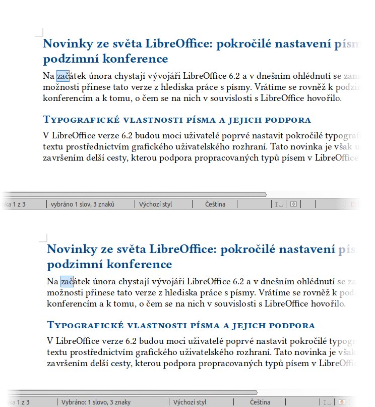 Počet vybraných slov a znaků ve stavovém řádku v LibreOffice 6.1 (nahoře) a 6.2﻿