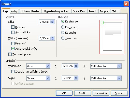 Nastavenie ukotvenia a presného umiestnenia rámca na strane