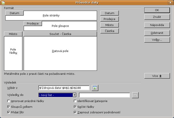 Rozšířená nabídka okna Průvodce daty