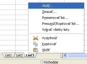 Vloženie listu cez pravé tlačítko myši