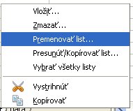 Kontextová ponuka pre premenovanie listov