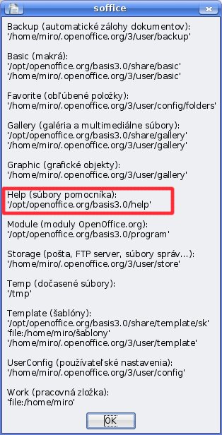 Vyhľadanie cesty k súborom pomocníka pomocou rozšírenia  JP_cesty_ooo.oxt v OS Linux (Kubuntu Linux)