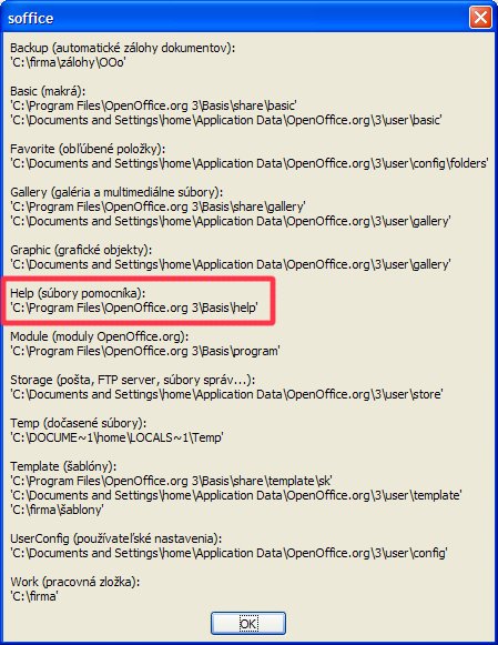 Vyhľadanie cesty k súborom pomocníka pomocou rozšírenia  JP_cesty_ooo.oxt v OS windows