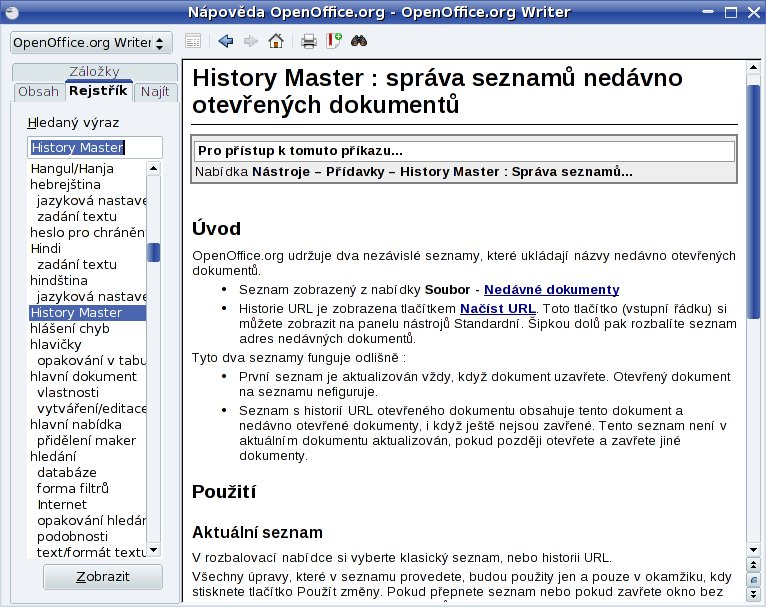 Popis History Master najdete i v nápovědě OpenOffice.org