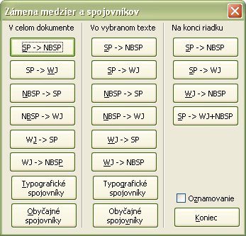 Okno „Zámena medzier a spojovníkov“